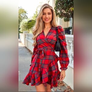 Cupshe Red Plaid V Neck Ruffle Cuff Long Blouson Sleeve Wrap Dress Sz M NWT
